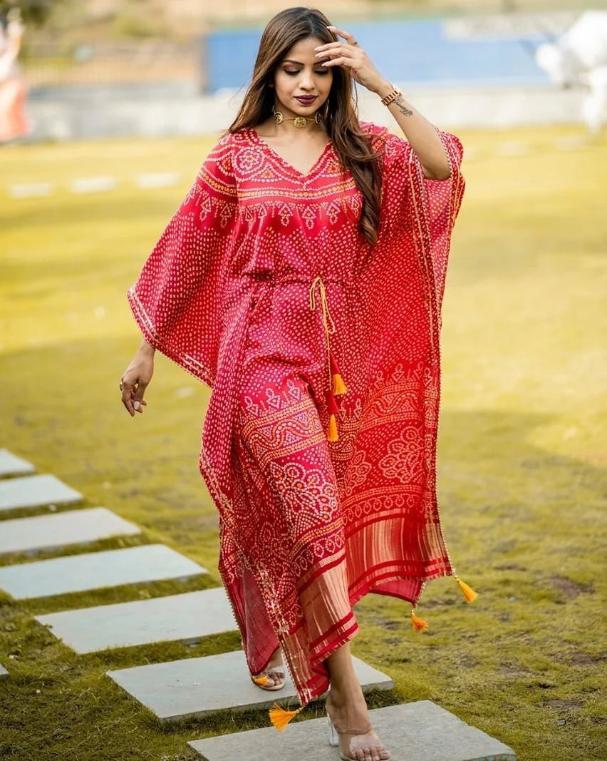 Premium Satin Red Dot Diva Digital Printed Kaftan