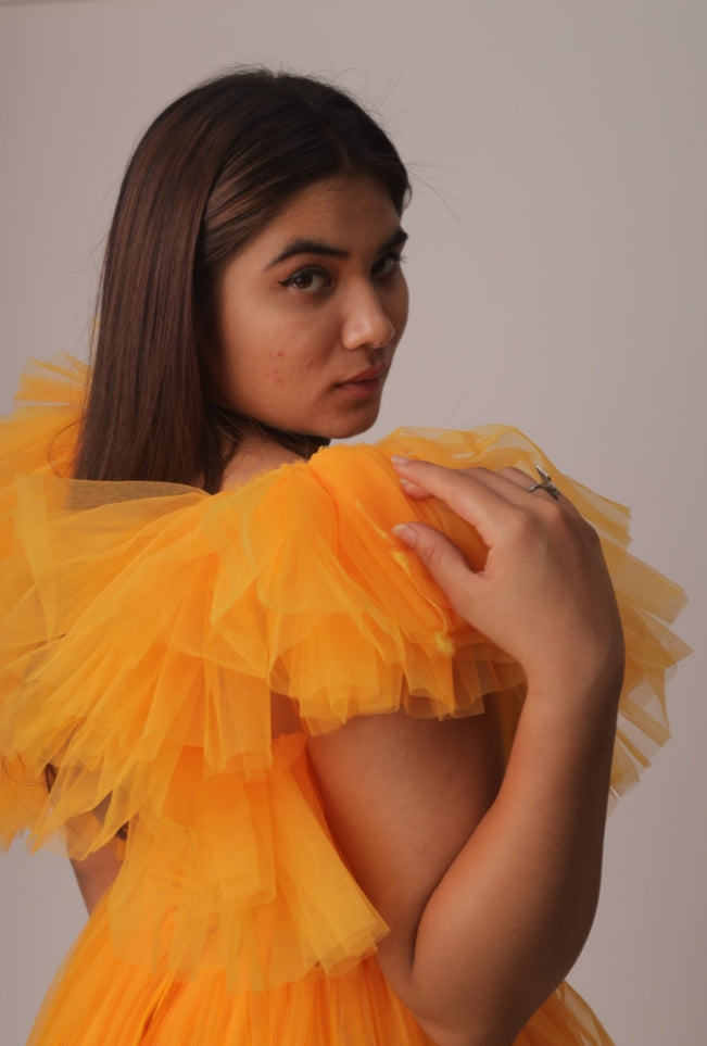 Elegant Women's Orange Tulle Gown - Ruffled Sleeves, Flowing Design for Special Occasions