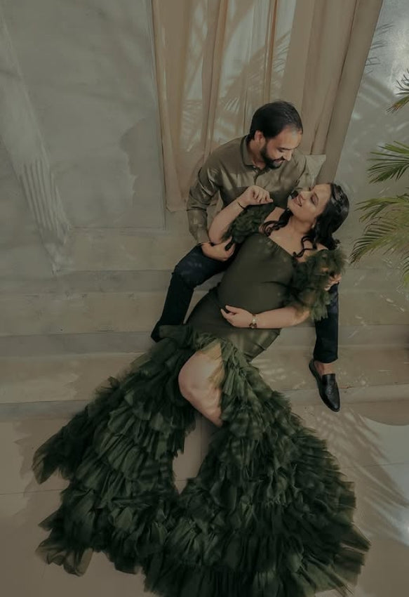 Dark Green Ruffled Gown with Feathered Sleeves