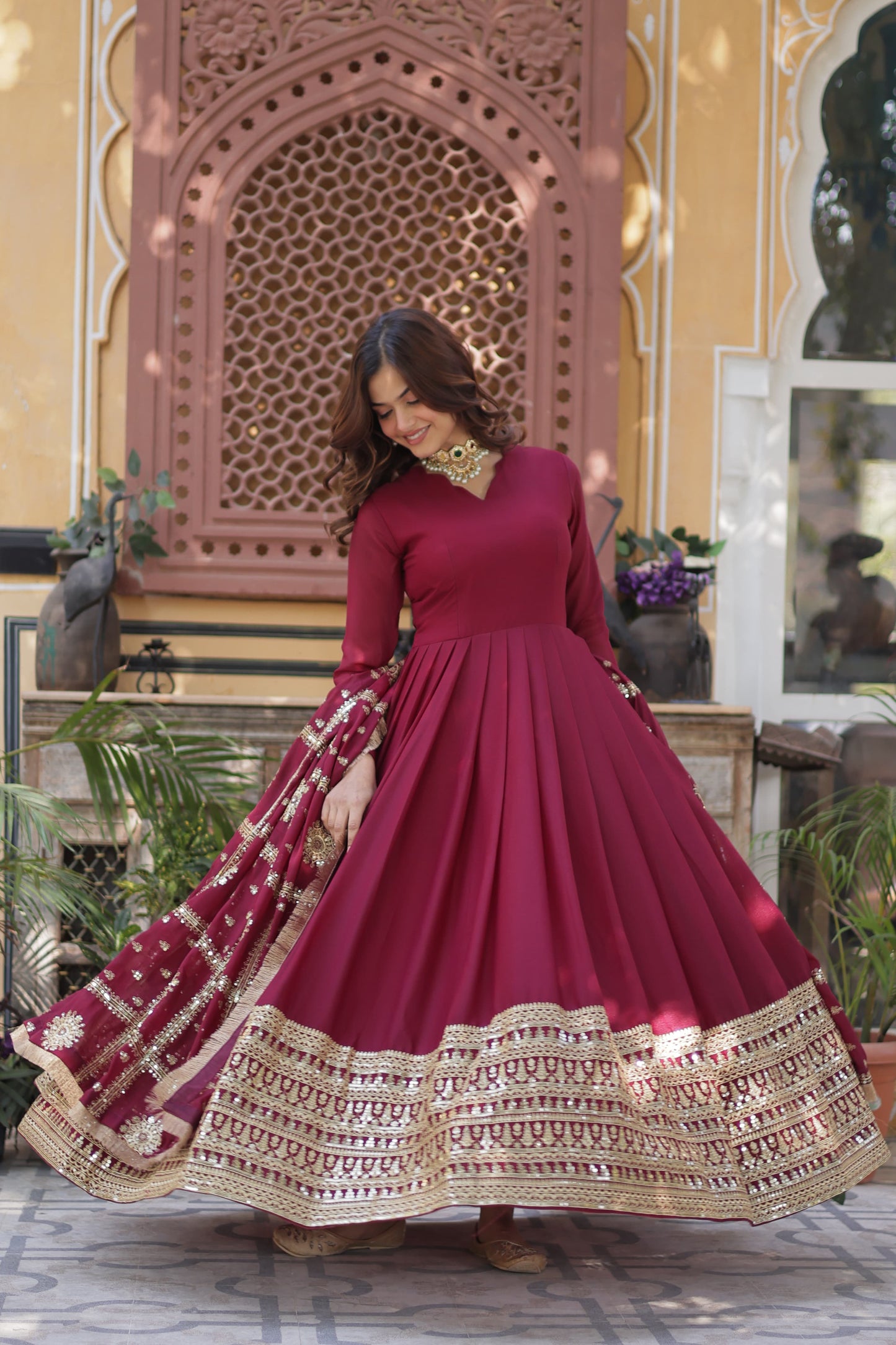 Premium Readymade Gown with Dupatta – Embroidered Star Georgette, Full Sleeve, Fancy V Neck