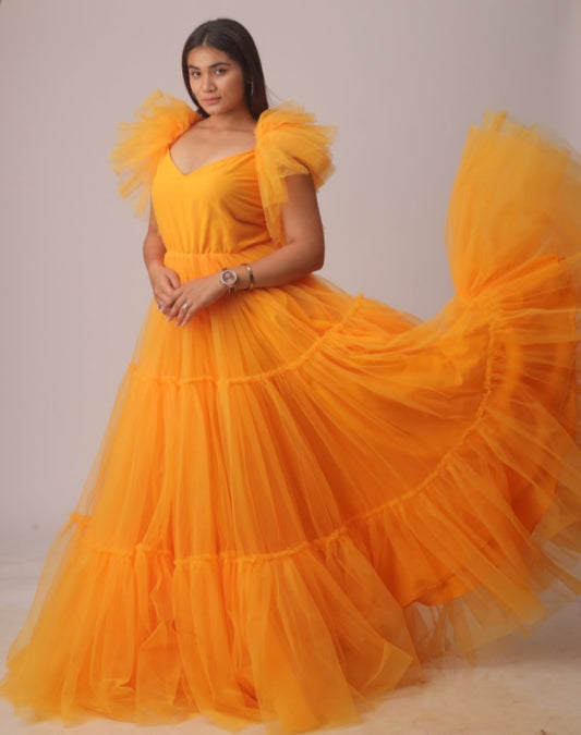 Elegant Women's Orange Tulle Gown - Ruffled Sleeves, Flowing Design for Special Occasions