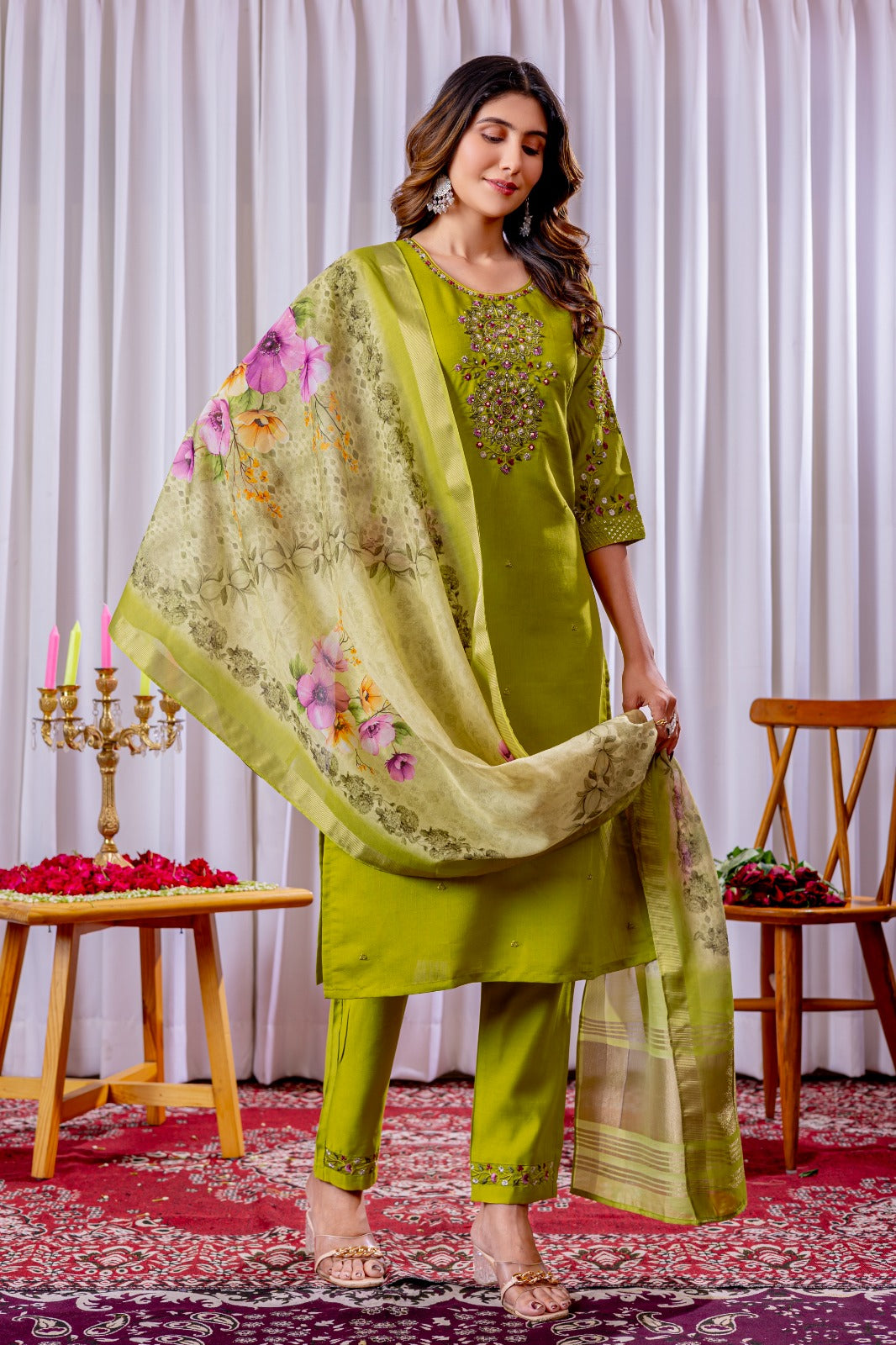 Premium Viscose Silk Embroidered Kurti Set with Chanderi Silk Dupatta – Full Stitched