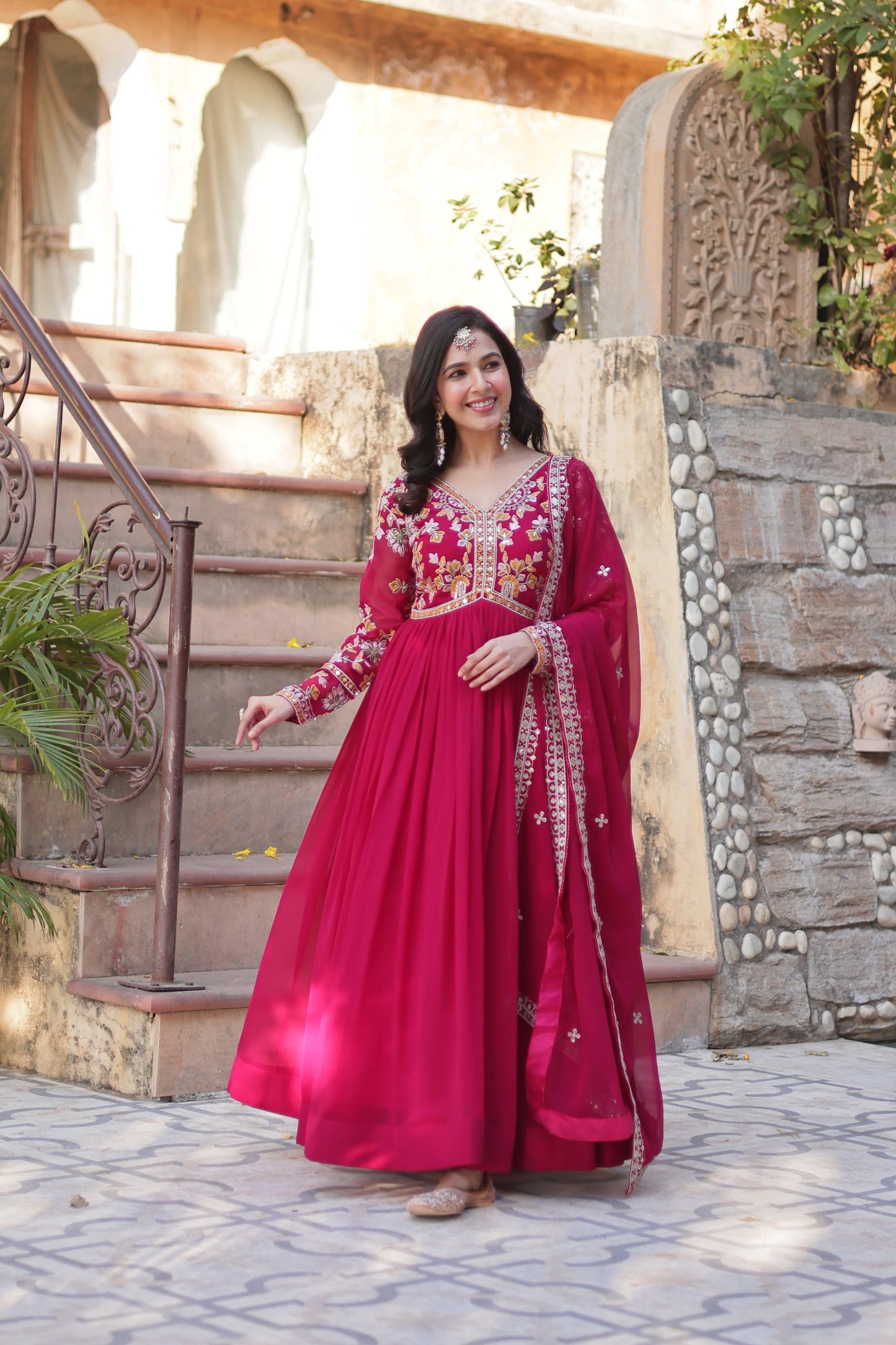 Premium Faux Blooming Embroidered Gown with Dupatta – Zari Sequins Work, Full Sleeve, V Neck