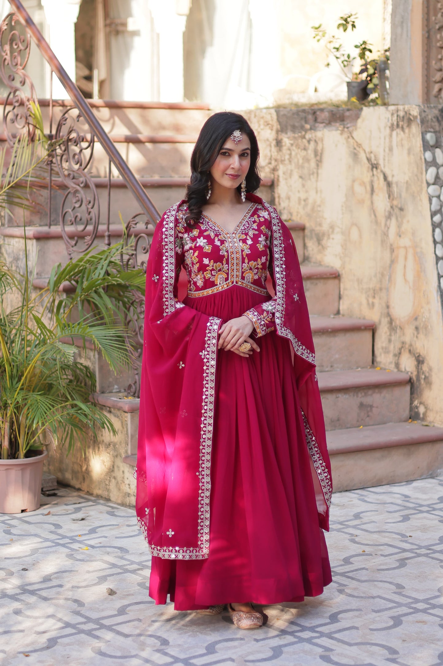 Premium Faux Blooming Embroidered Gown with Dupatta – Zari Sequins Work, Full Sleeve, V Neck