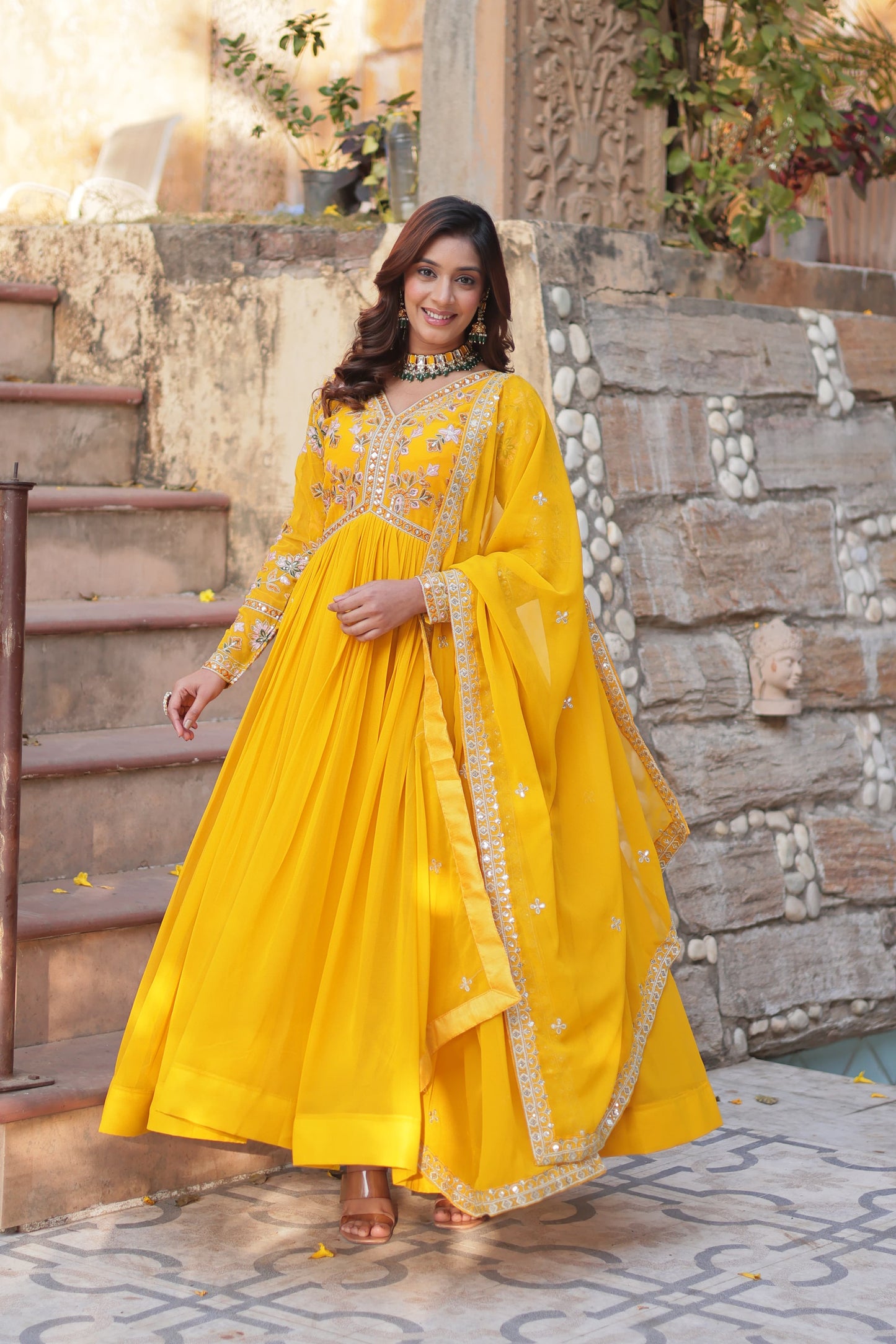 Premium Faux Blooming Embroidered Gown with Dupatta – Zari Sequins Work, Full Sleeve, V Neck