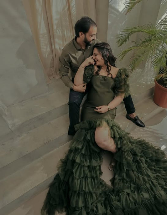 Dark Green Ruffled Gown with Feathered Sleeves