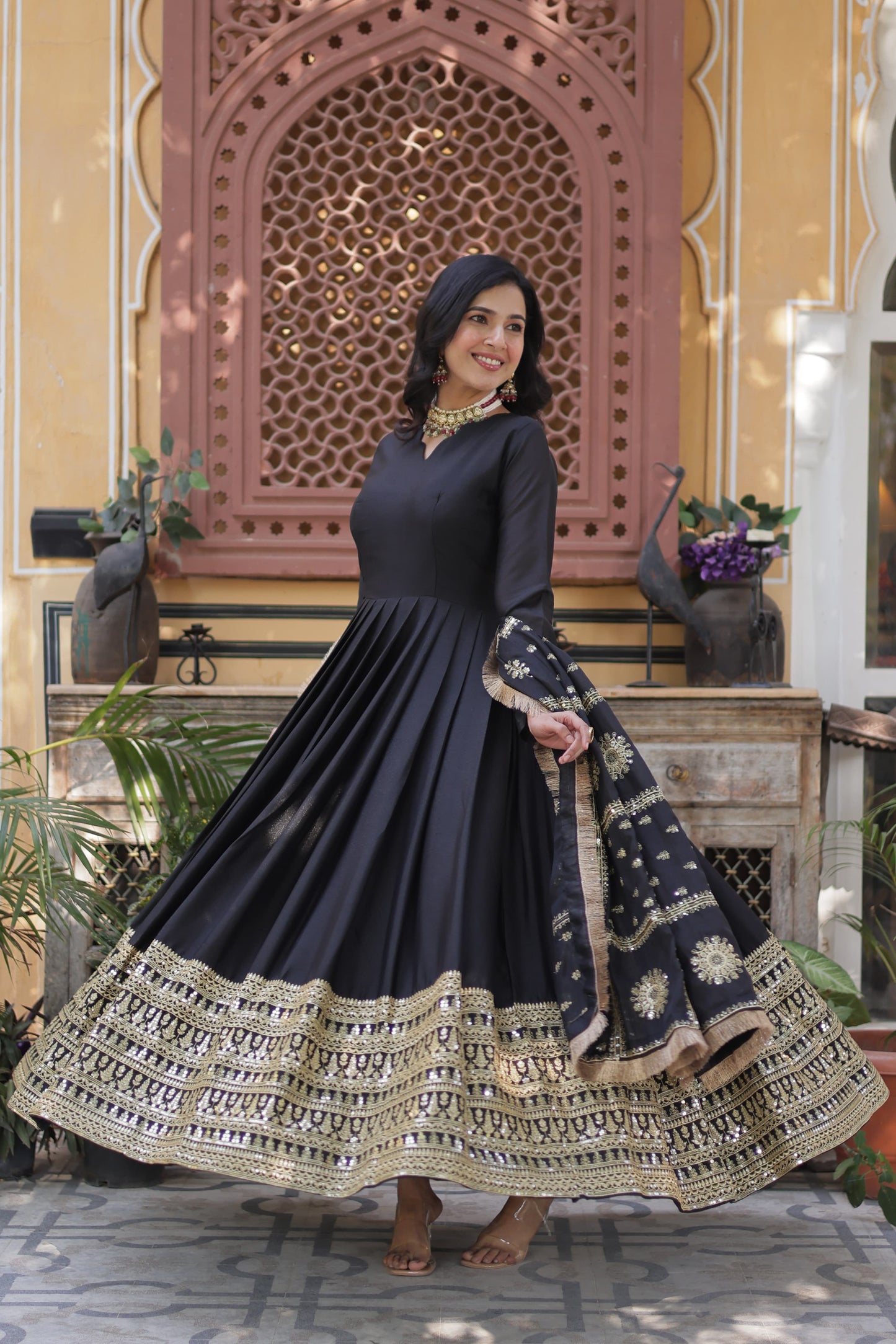 Premium Readymade Gown with Dupatta – Embroidered Star Georgette, Full Sleeve, Fancy V Neck