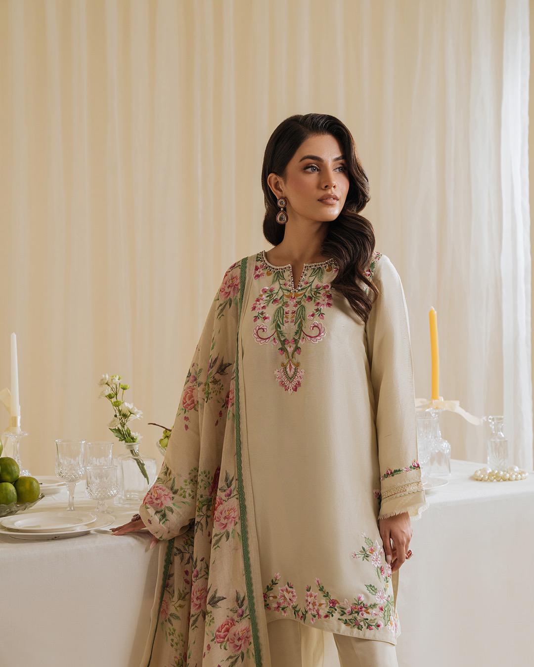 Exclusive Designer Party Wear Set | Pure Natural Crepe Embroidered Top with Farshi Palazzo and Printed Dupatta