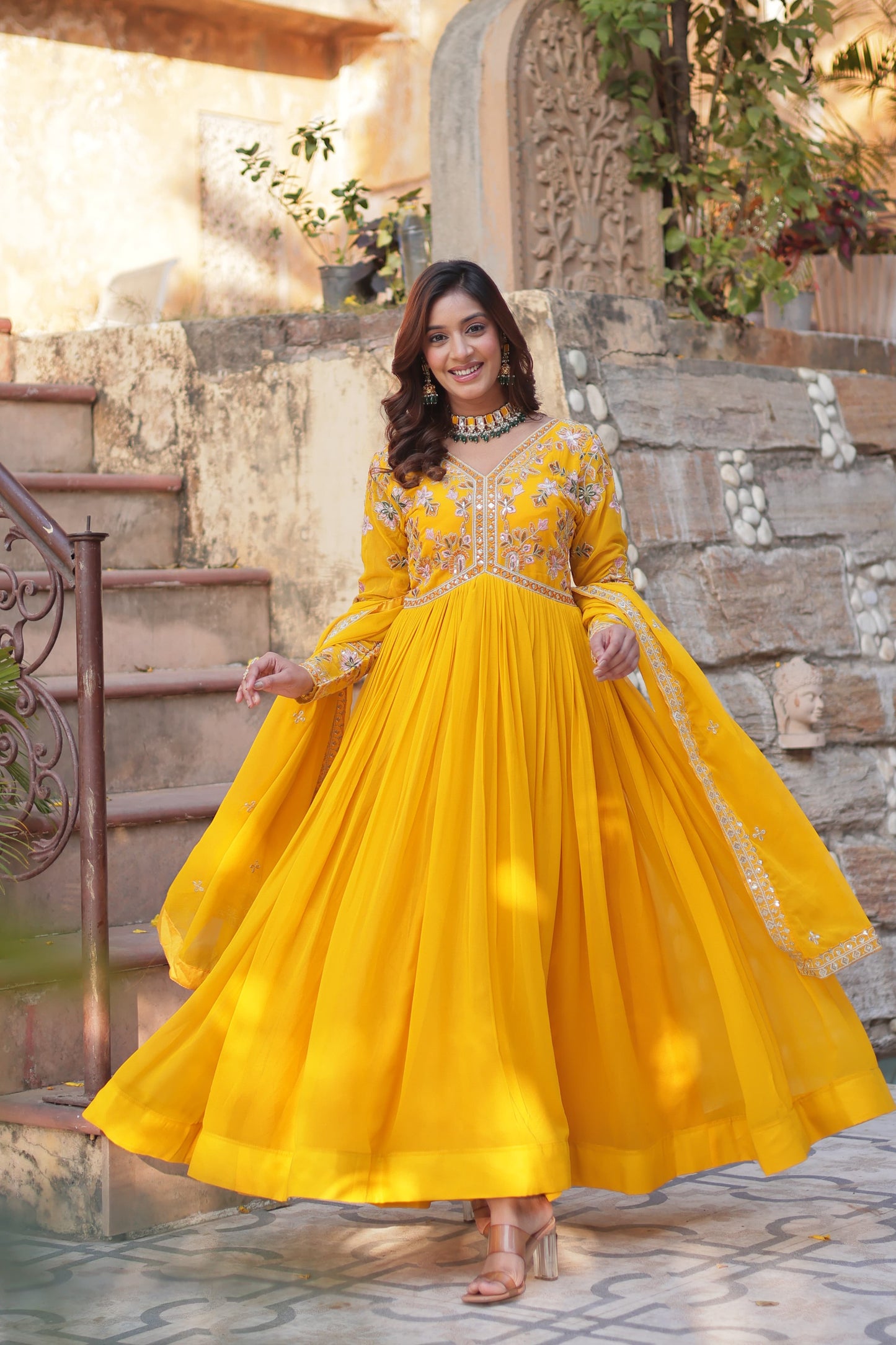 Premium Faux Blooming Embroidered Gown with Dupatta – Zari Sequins Work, Full Sleeve, V Neck