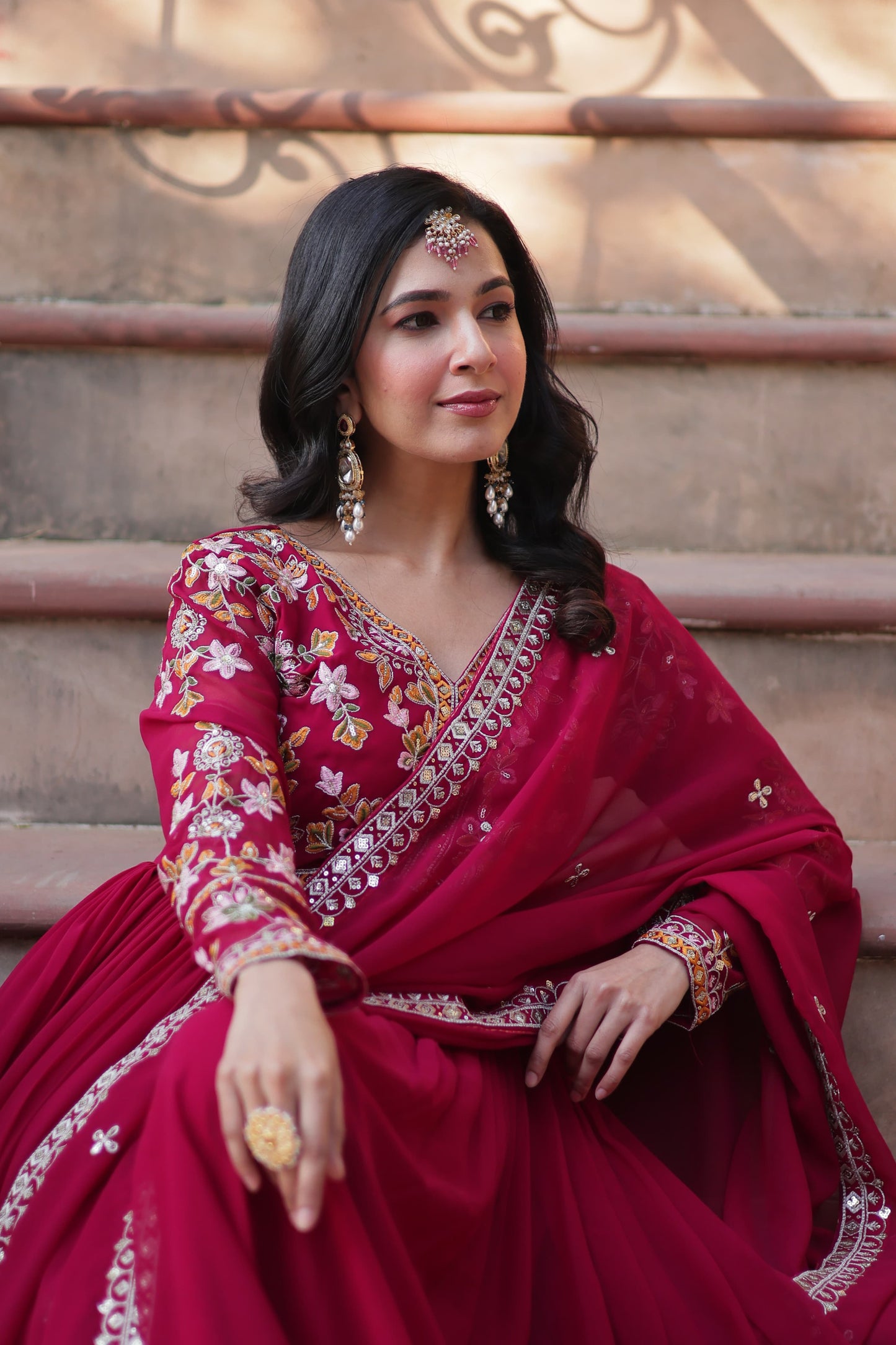 Premium Faux Blooming Embroidered Gown with Dupatta – Zari Sequins Work, Full Sleeve, V Neck