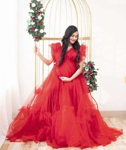 Elegant Maternity Gown - Red Tulle Dress