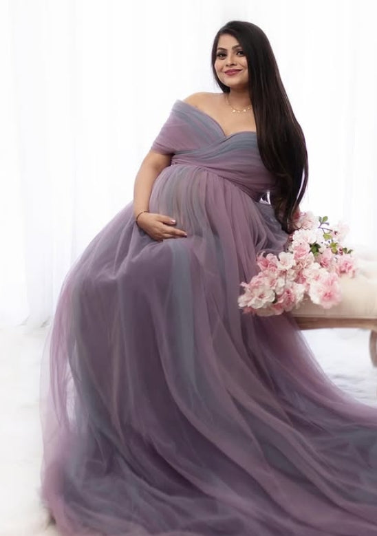 Elegant Maternity Photoshoot Gown - Off-Shoulder Tulle dress for Baby Shower & Special Occasions