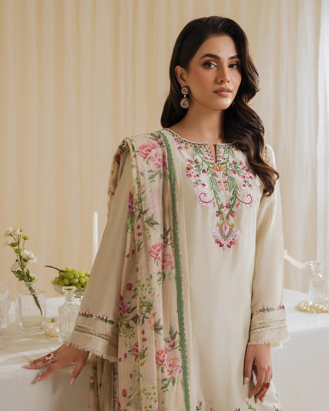 Exclusive Designer Party Wear Set | Pure Natural Crepe Embroidered Top with Farshi Palazzo and Printed Dupatta