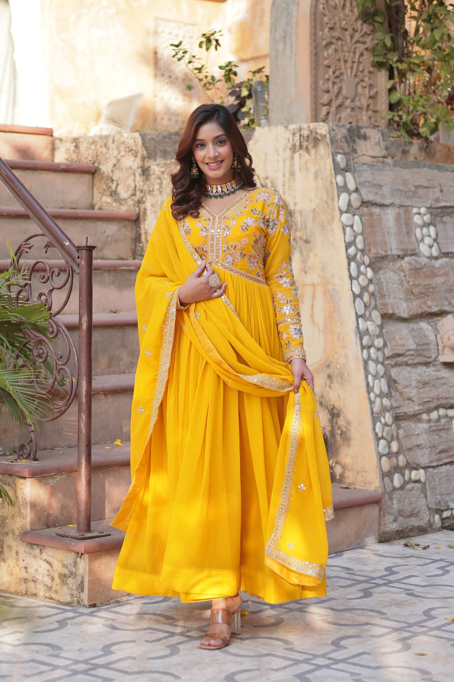 Premium Faux Blooming Embroidered Gown with Dupatta – Zari Sequins Work, Full Sleeve, V Neck