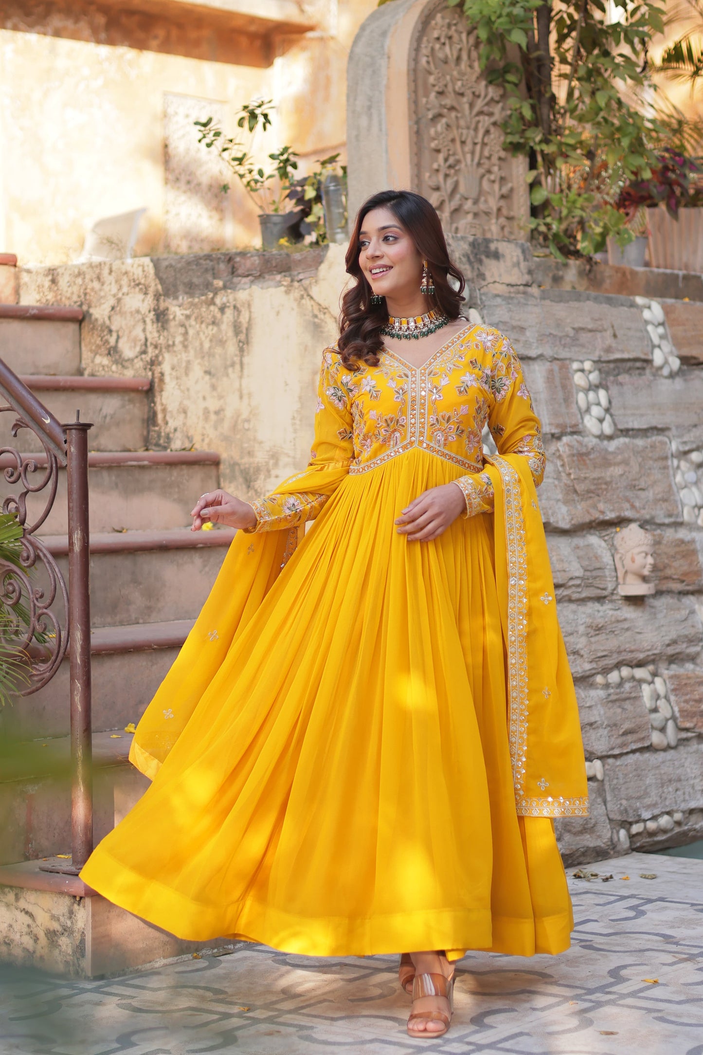 Premium Faux Blooming Embroidered Gown with Dupatta – Zari Sequins Work, Full Sleeve, V Neck