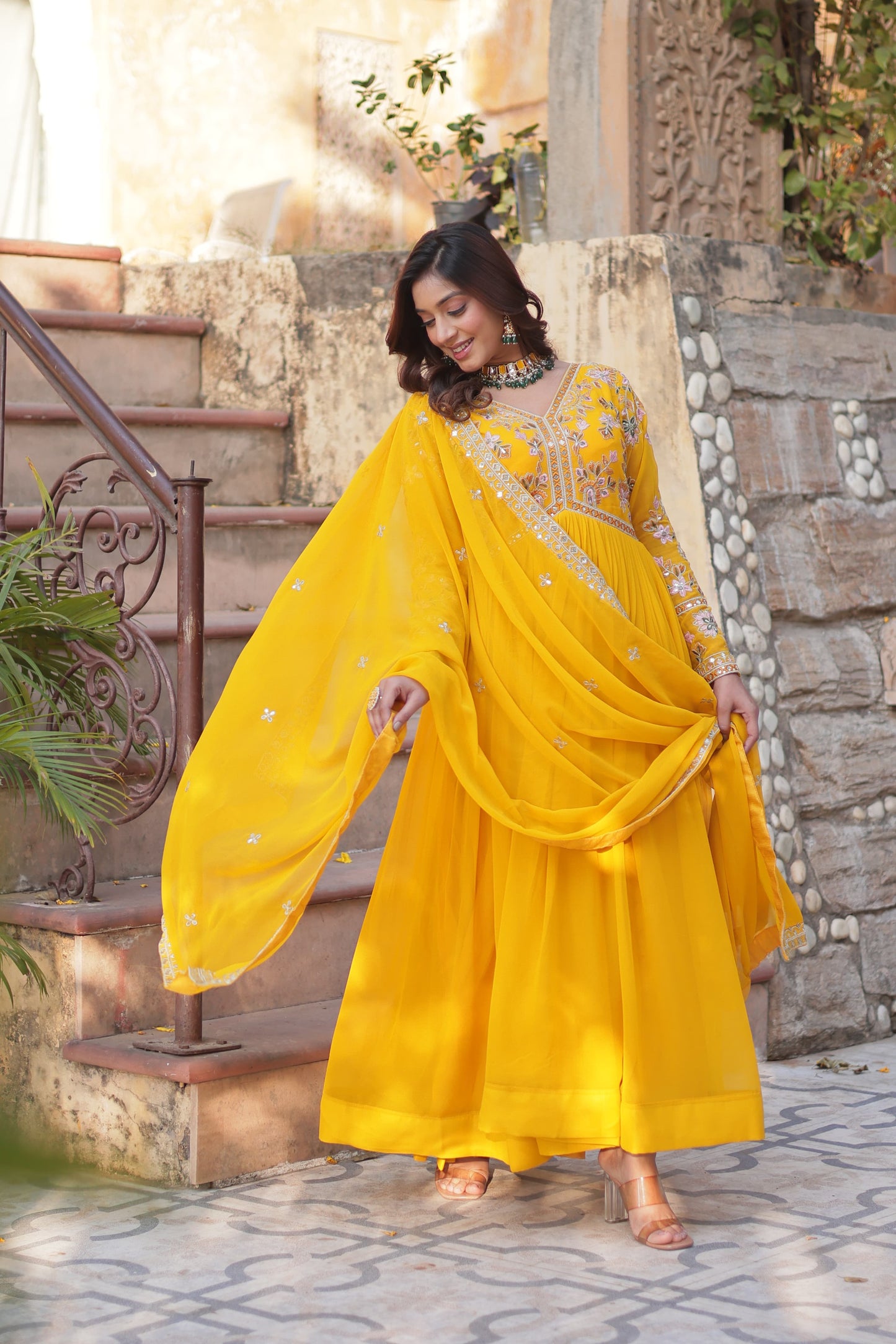 Premium Faux Blooming Embroidered Gown with Dupatta – Zari Sequins Work, Full Sleeve, V Neck