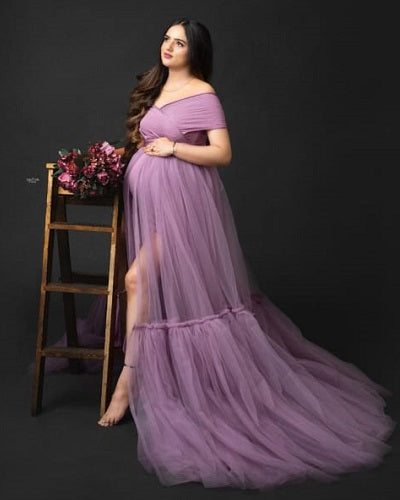 Dusty Lavender Frilled Maternity Shoot Trail Gown