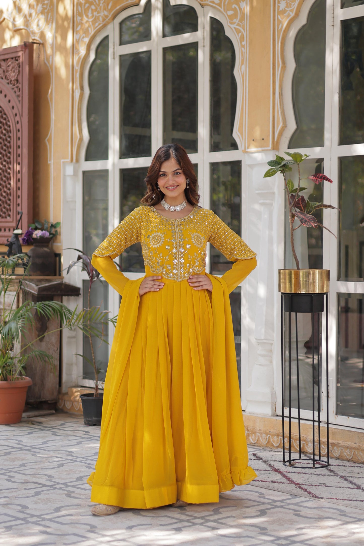 Premium Embroidered Faux Georgette Gown with Dupatta