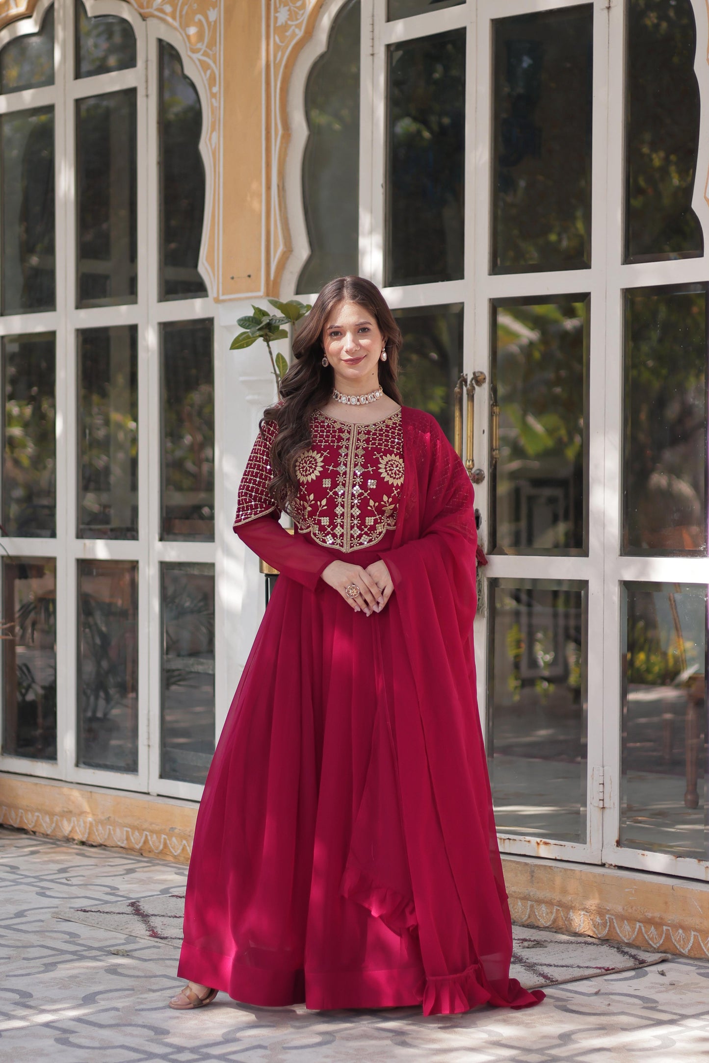 Premium Embroidered Faux Georgette Gown with Dupatta