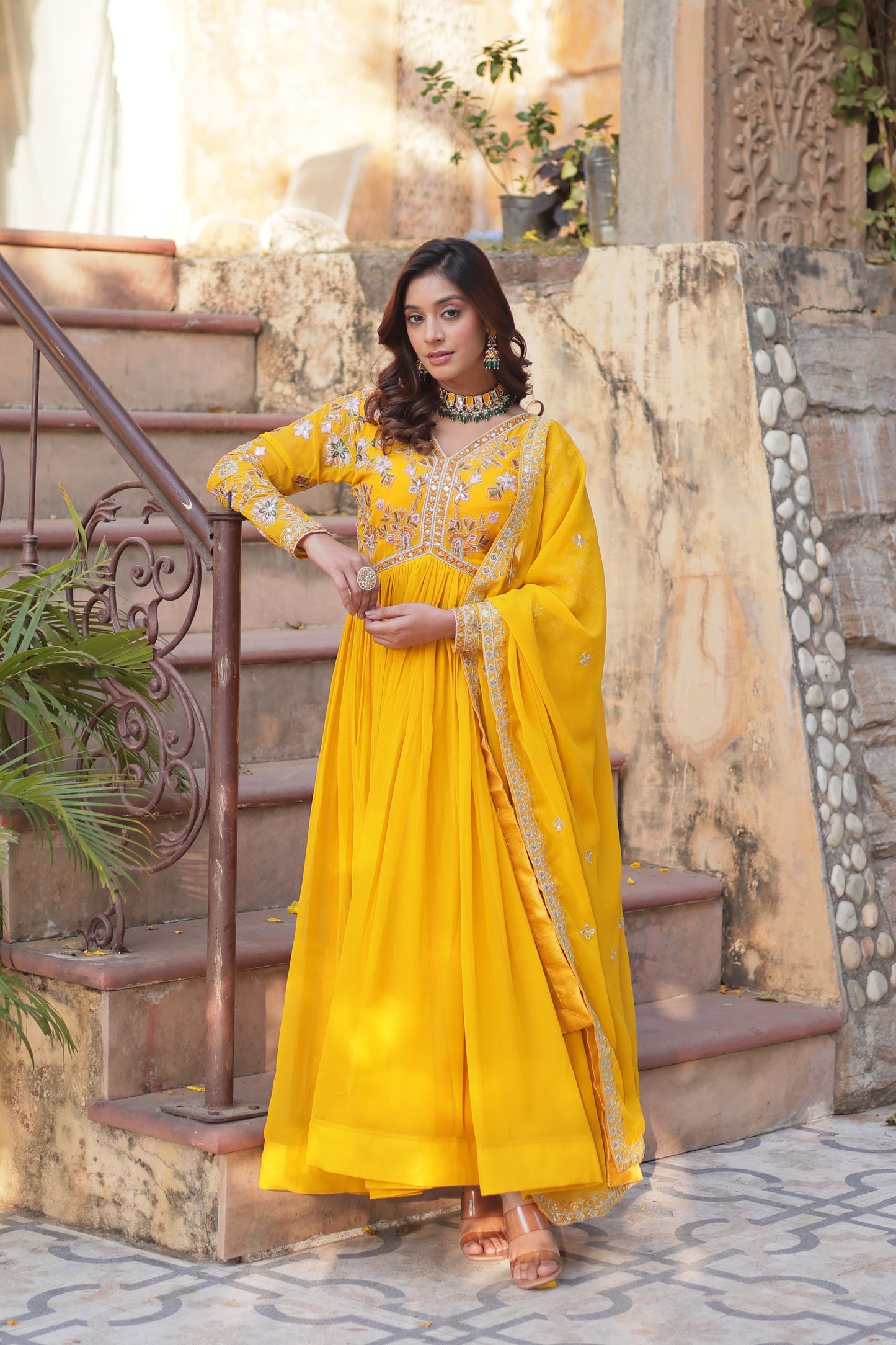 Premium Faux Blooming Embroidered Gown with Dupatta – Zari Sequins Work, Full Sleeve, V Neck