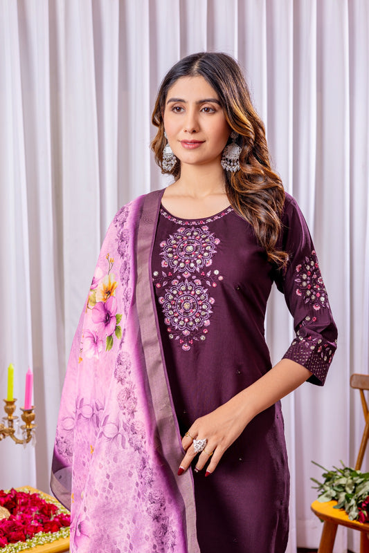 Premium Viscose Silk Embroidered Kurti Set with Chanderi Silk Dupatta – Full Stitched