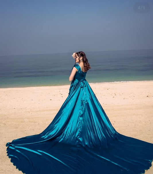 Elegant Teal Satin Gown – Flowing Luxury for Special Occasions