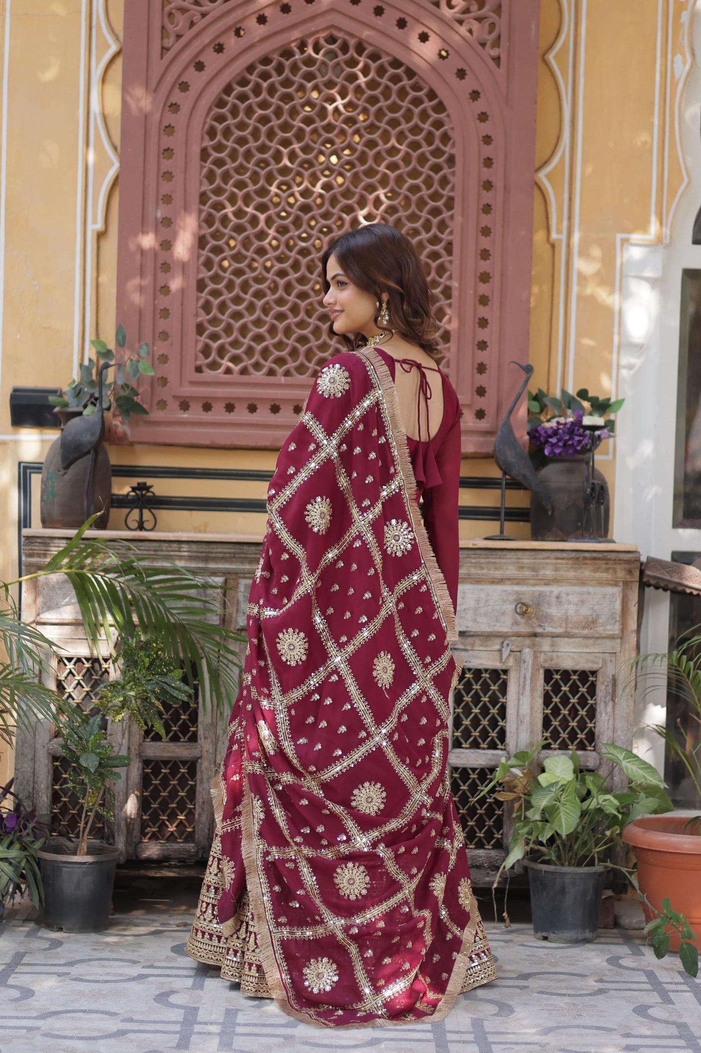 Premium Readymade Gown with Dupatta – Embroidered Star Georgette, Full Sleeve, Fancy V Neck