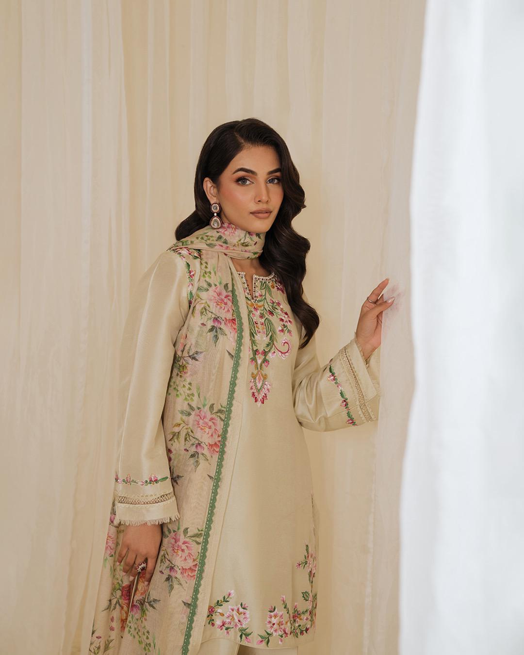 Exclusive Designer Party Wear Set | Pure Natural Crepe Embroidered Top with Farshi Palazzo and Printed Dupatta