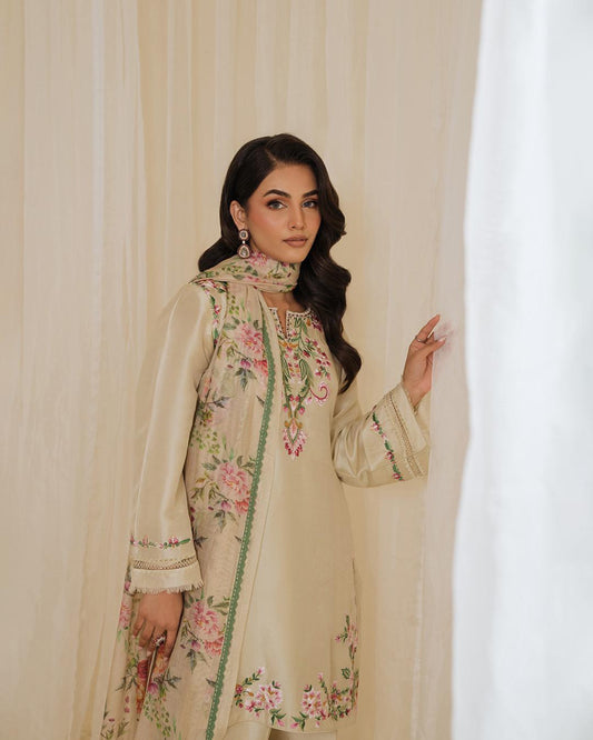 Exclusive Designer Party Wear Set | Pure Natural Crepe Embroidered Top with Farshi Palazzo and Printed Dupatta