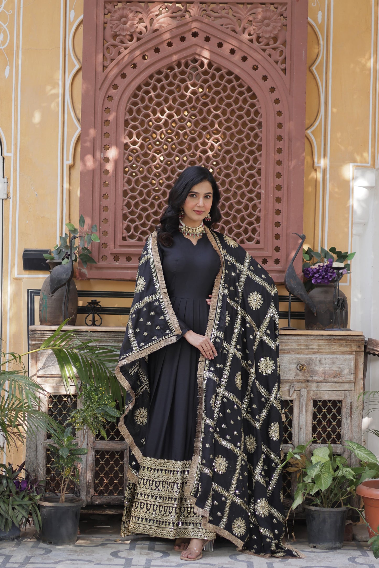 Premium Readymade Gown with Dupatta – Embroidered Star Georgette, Full Sleeve, Fancy V Neck