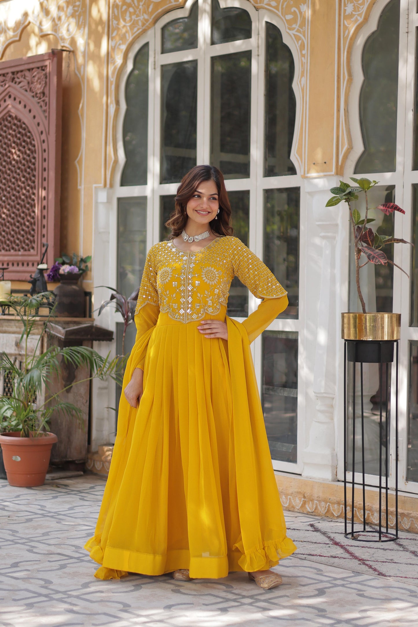 Premium Embroidered Faux Georgette Gown with Dupatta