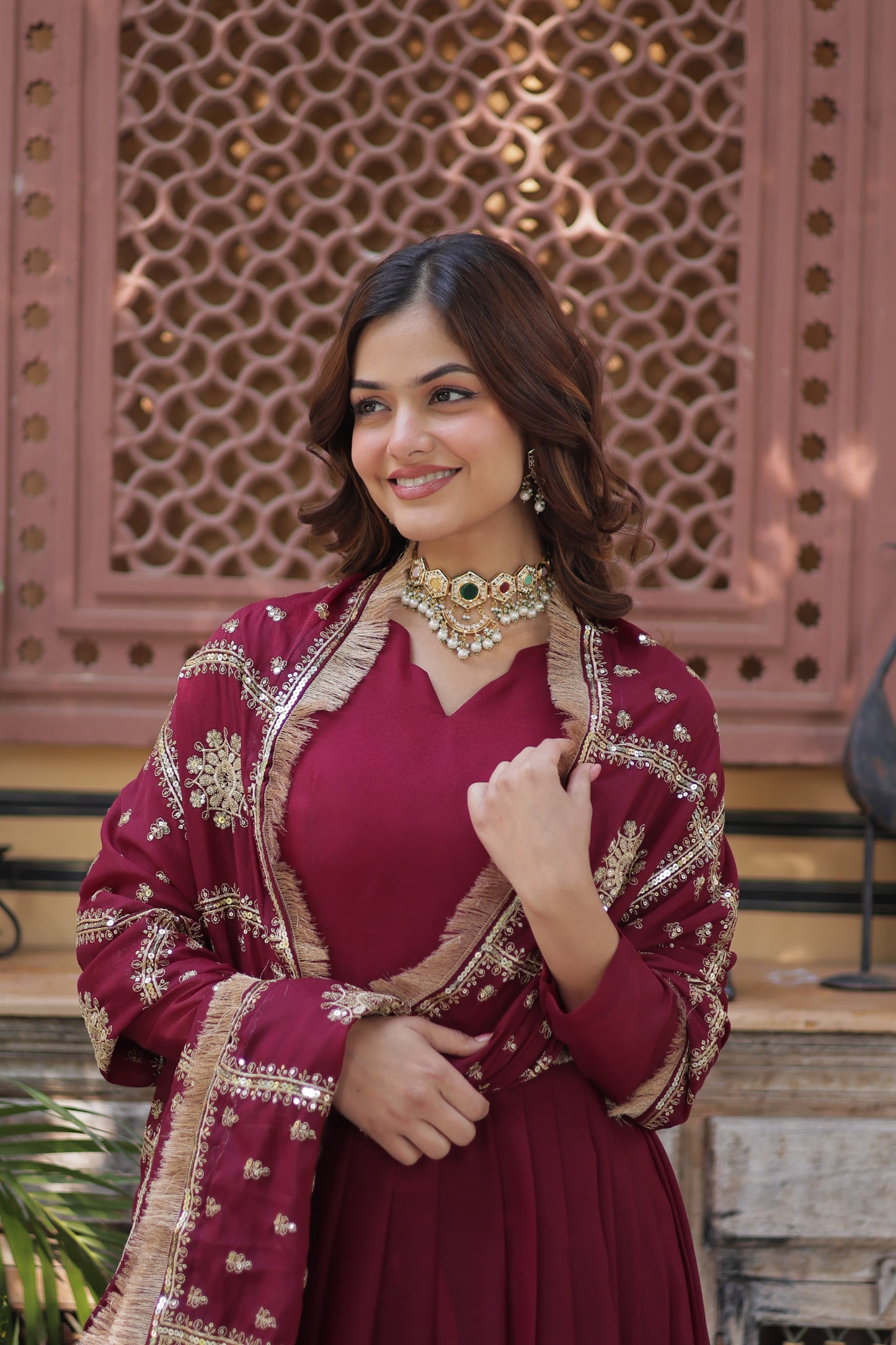 Premium Readymade Gown with Dupatta – Embroidered Star Georgette, Full Sleeve, Fancy V Neck