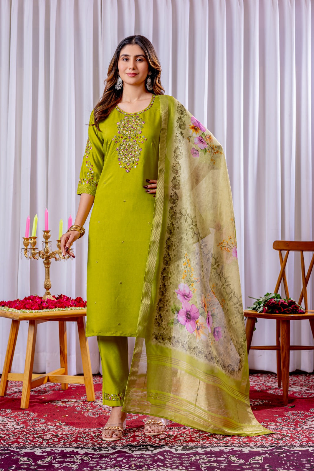 Premium Viscose Silk Embroidered Kurti Set with Chanderi Silk Dupatta – Full Stitched