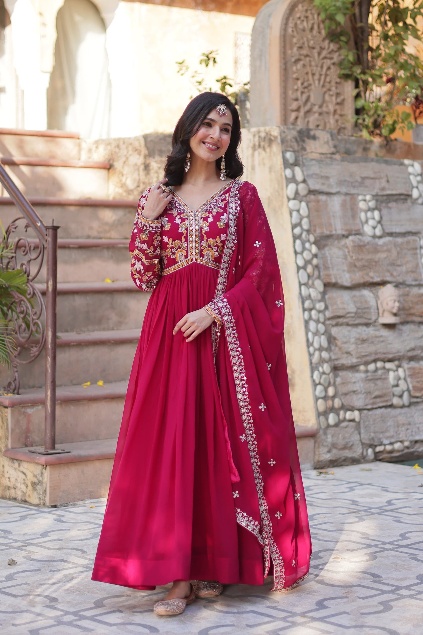 Premium Faux Blooming Embroidered Gown with Dupatta – Zari Sequins Work, Full Sleeve, V Neck