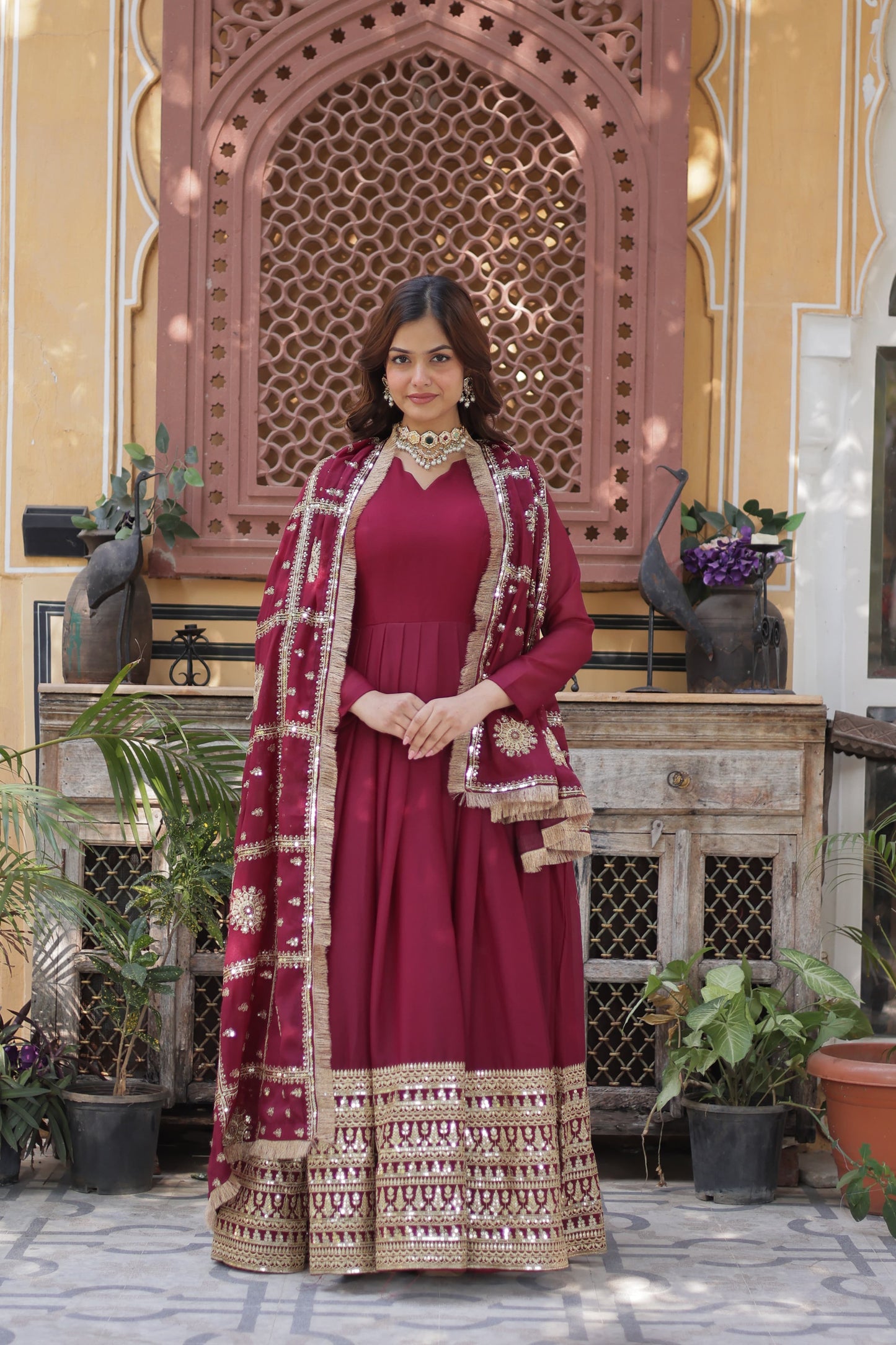 Premium Readymade Gown with Dupatta – Embroidered Star Georgette, Full Sleeve, Fancy V Neck
