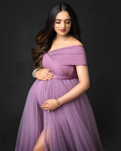 Dusty Lavender Frilled Maternity Shoot Trail Gown