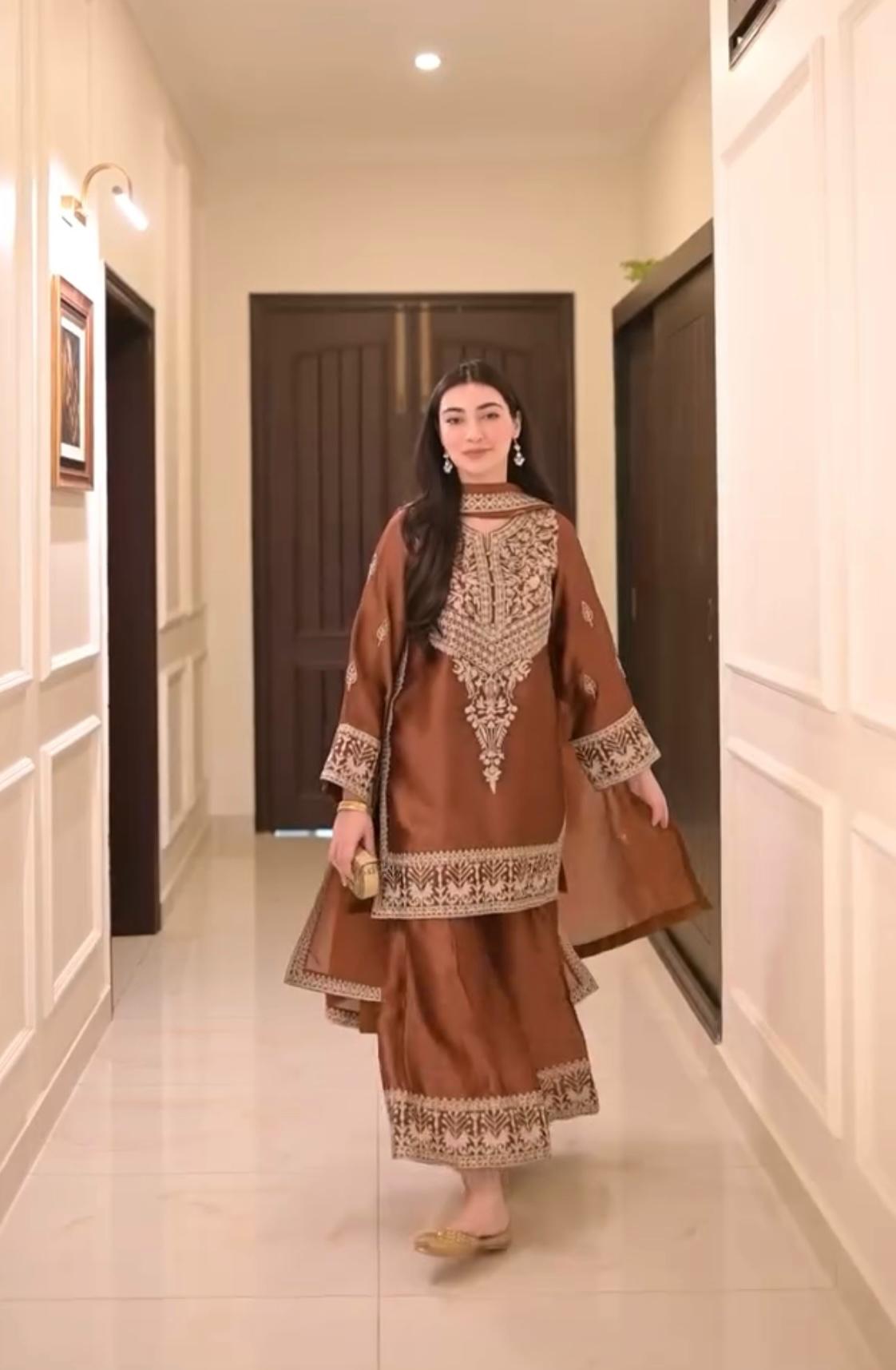 Designer Chinon Silk Party Wear Set – Embroidered Top with Palazzo and Dupatta