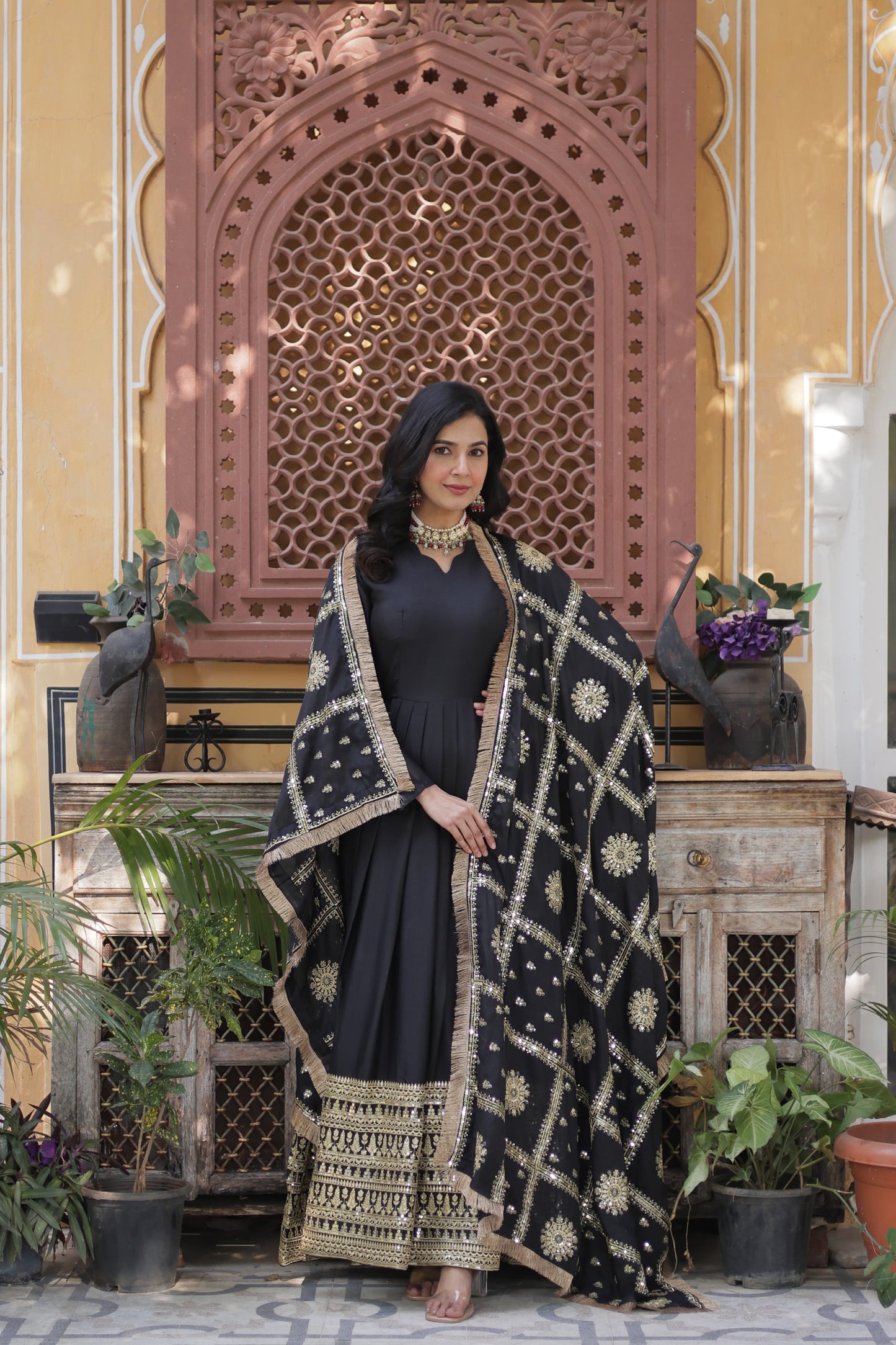 Premium Readymade Gown with Dupatta – Embroidered Star Georgette, Full Sleeve, Fancy V Neck