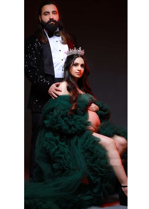 Elegant Maternity Gown for Photoshoot - Emerald Green Princess Dress
