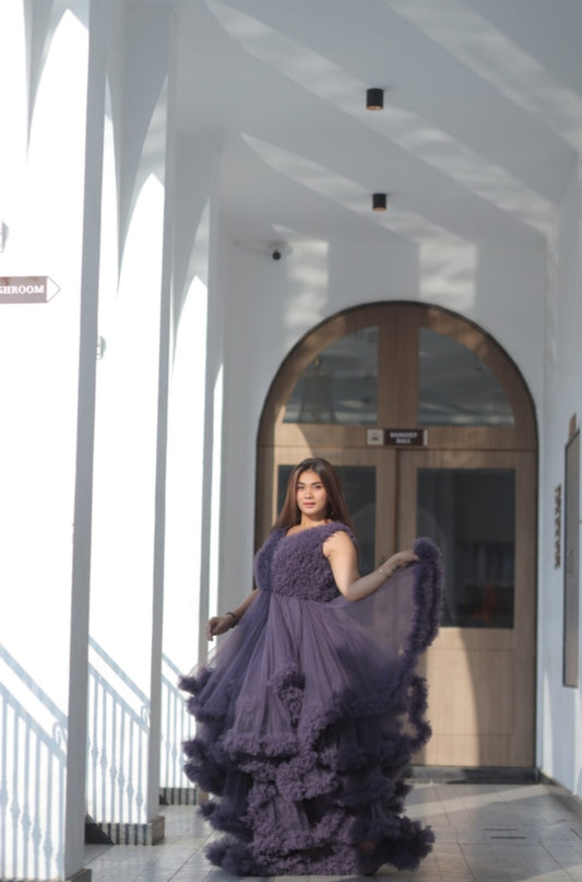 Exquisite Purple Ruffled Gown - Women's Elegant Tulle Evening Dress