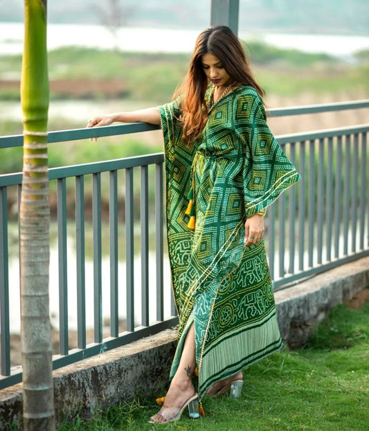 Green Box in Box Digital Printed Satin Kaftan