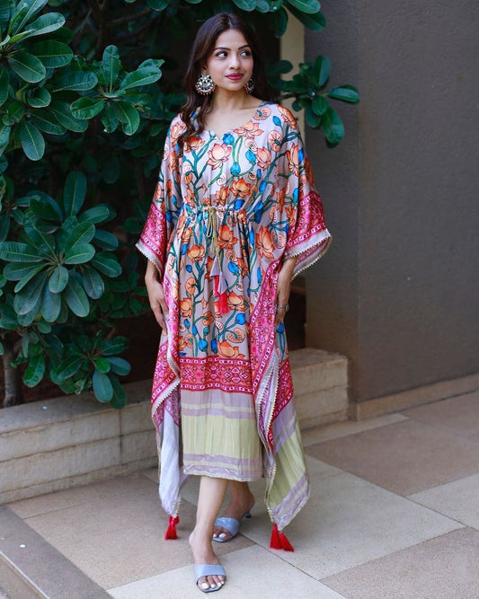 Satin Orange Lotus Digtial Printed Kaftan
