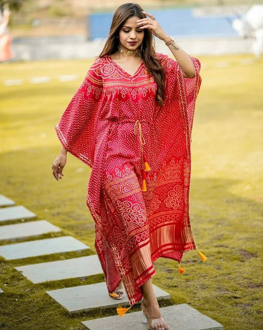 Premium Satin Red Dot Diva Digital Printed Kaftan
