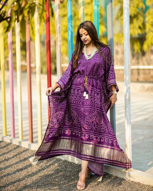 Violet Dot Digtial Print Satin Kaftaan