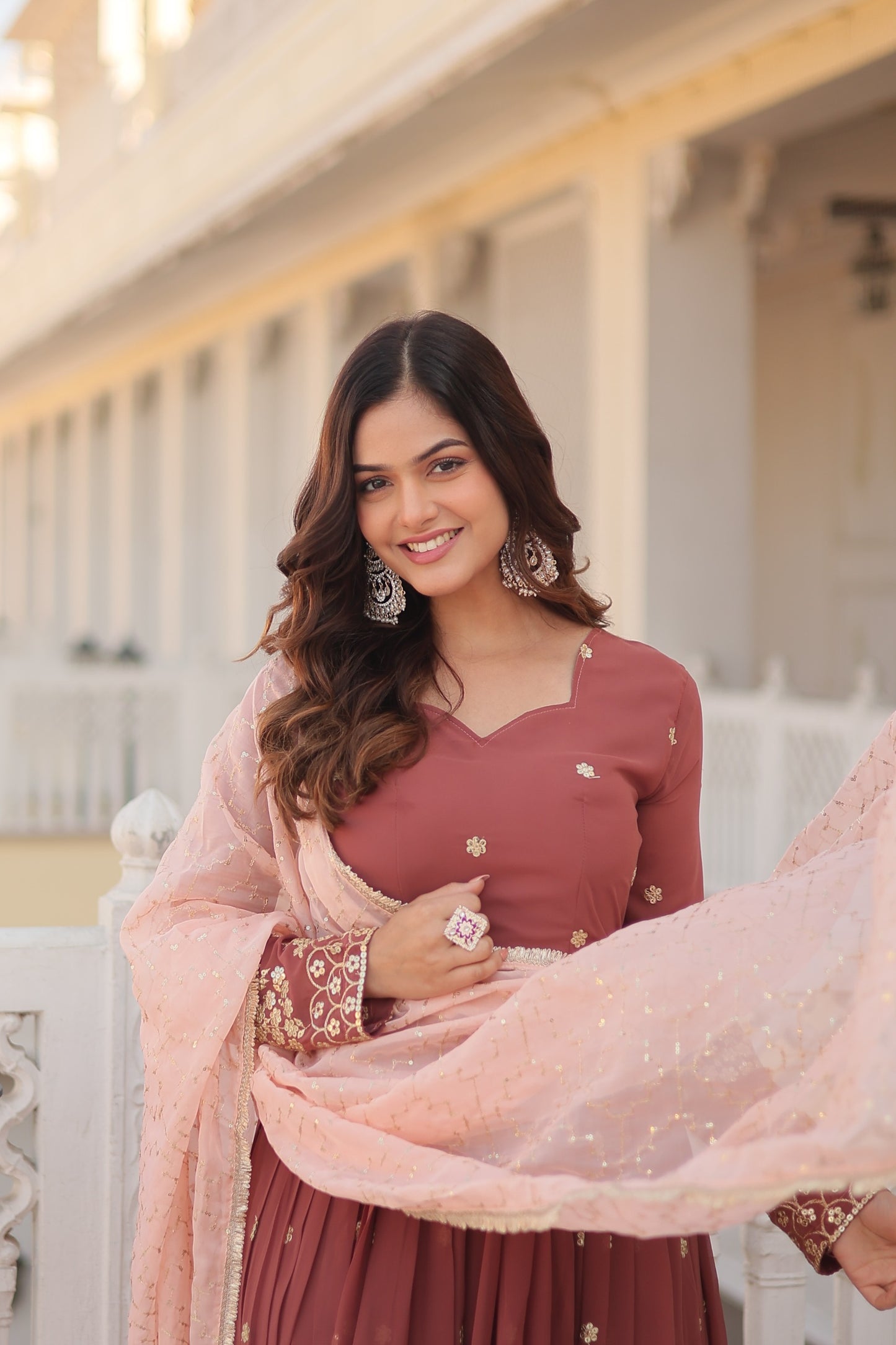 Designer Embroidered Gown with Dupatta – Faux Georgette, Zari and Sequins Work, Full Sleeve