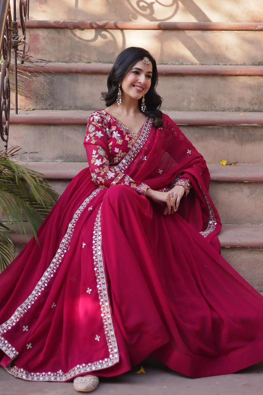 Premium Faux Blooming Embroidered Gown with Dupatta – Zari Sequins Work, Full Sleeve, V Neck