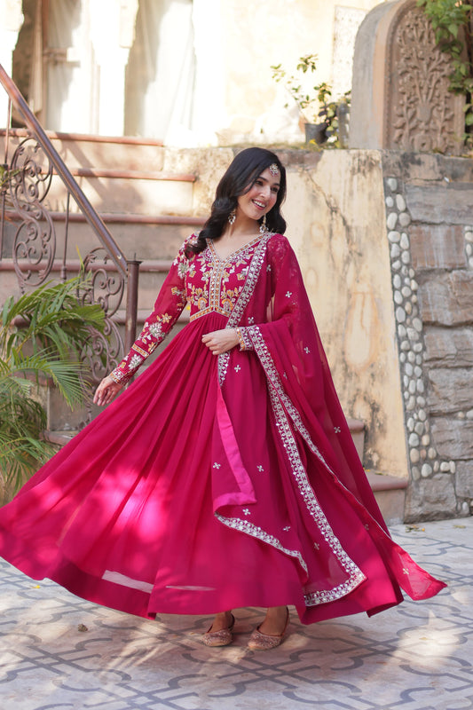 Premium Faux Blooming Embroidered Gown with Dupatta – Zari Sequins Work, Full Sleeve, V Neck