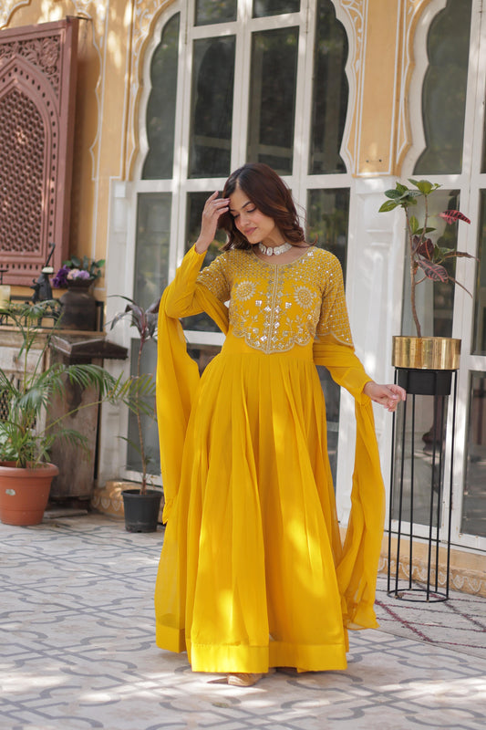 Premium Embroidered Faux Georgette Gown with Dupatta