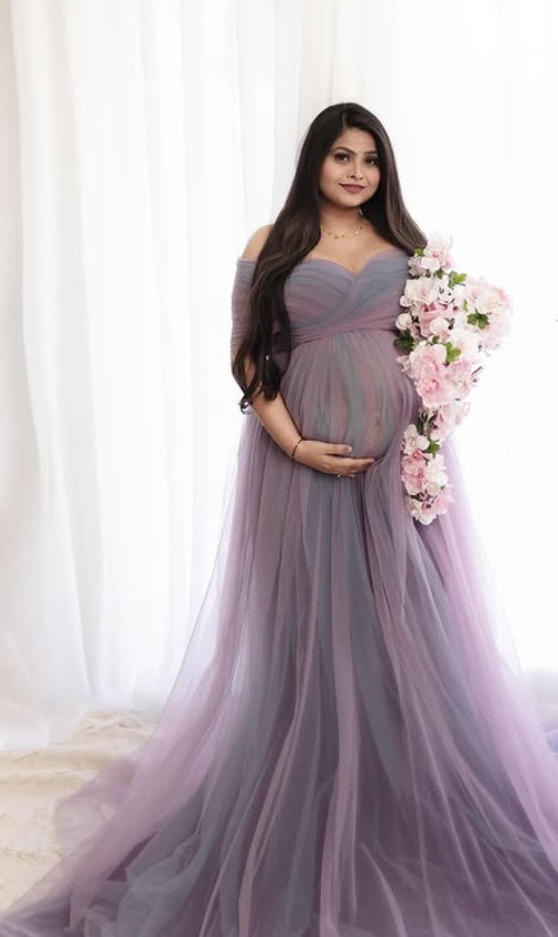 Elegant Maternity Photoshoot Gown - Off-Shoulder Tulle dress for Baby Shower & Special Occasions