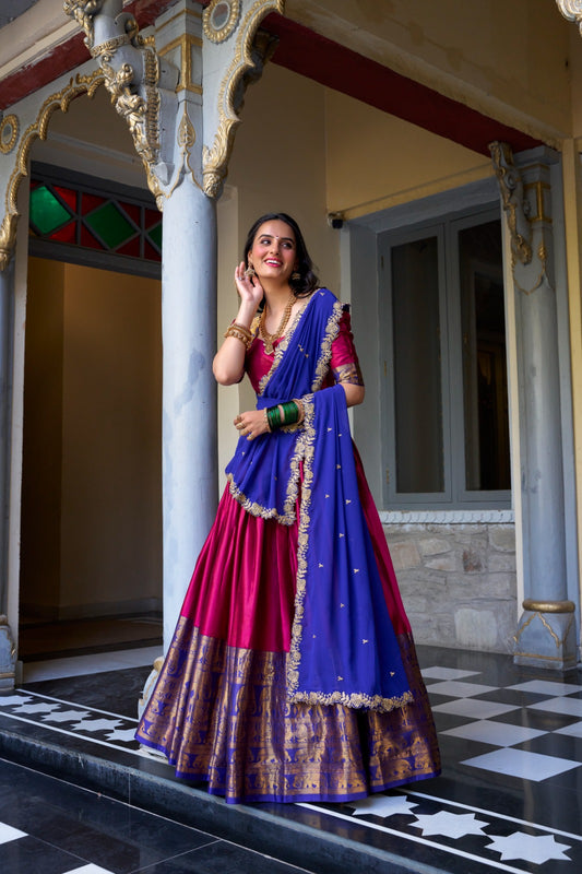 TARIKA Narayan Pattu Lehenga Choli Set with Georgette Dupatta – South Indian Zari Weaving